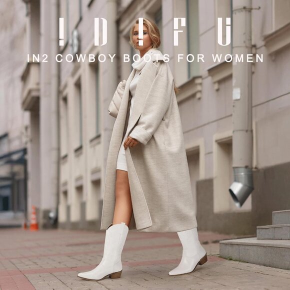 Women's White Cowgirl Boots Western Boots Mid Calf Embroidered Chunky Low Heel - Picture 4 of 6